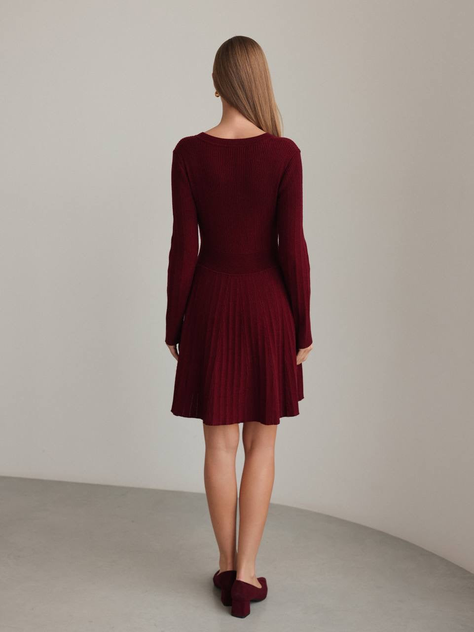 Zarif Bordo Triko Kloş Elbise