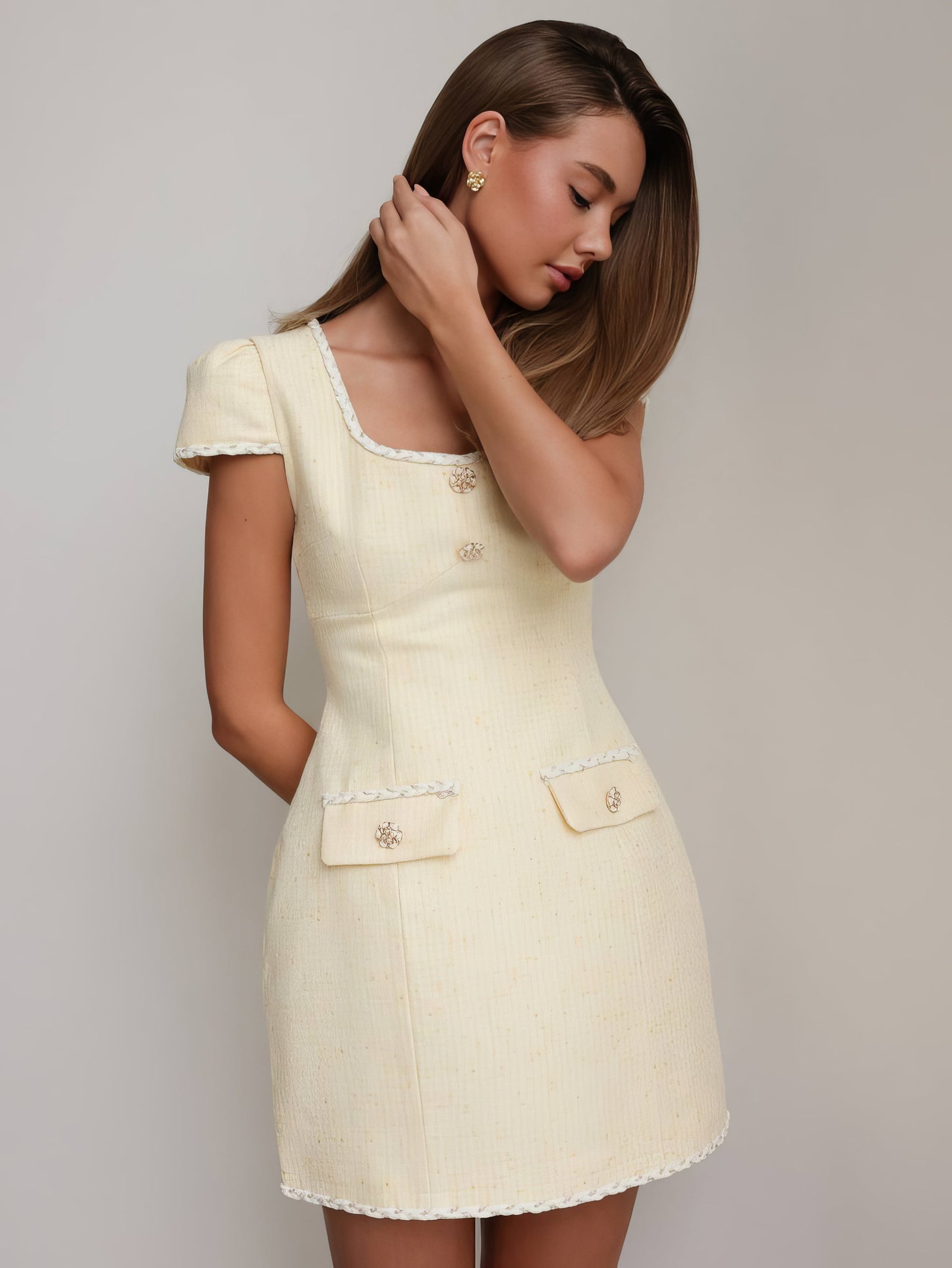 Altın Detaylı Açık Sarı Tüvit Elbise