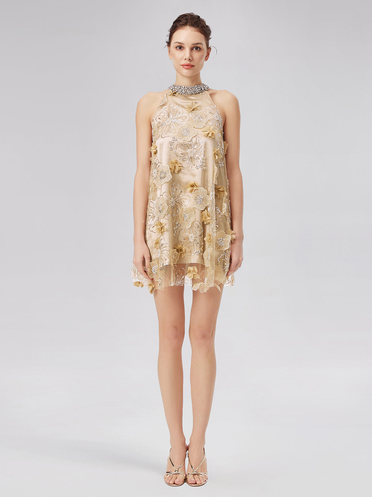 Elmas Kabartmalı Çiçek Nakışlı Elbise