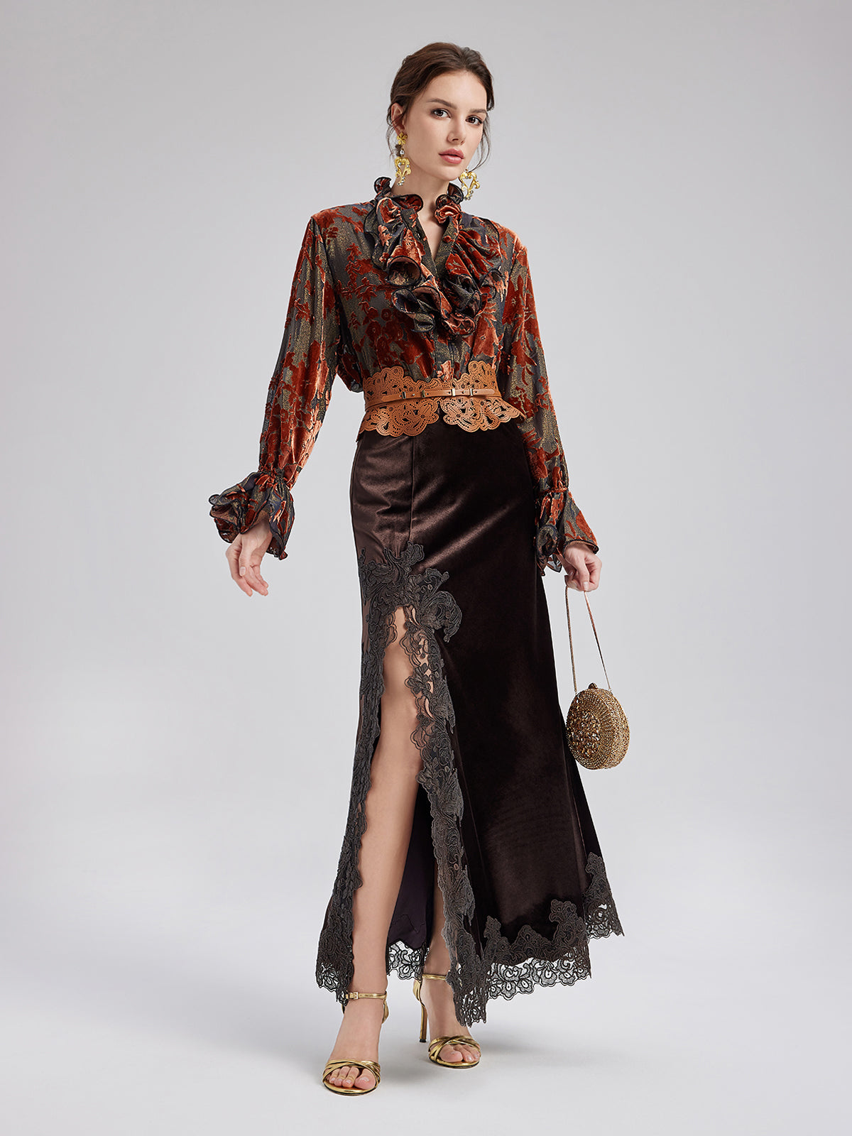 Parlak İpek Yakma Kadife Bluz