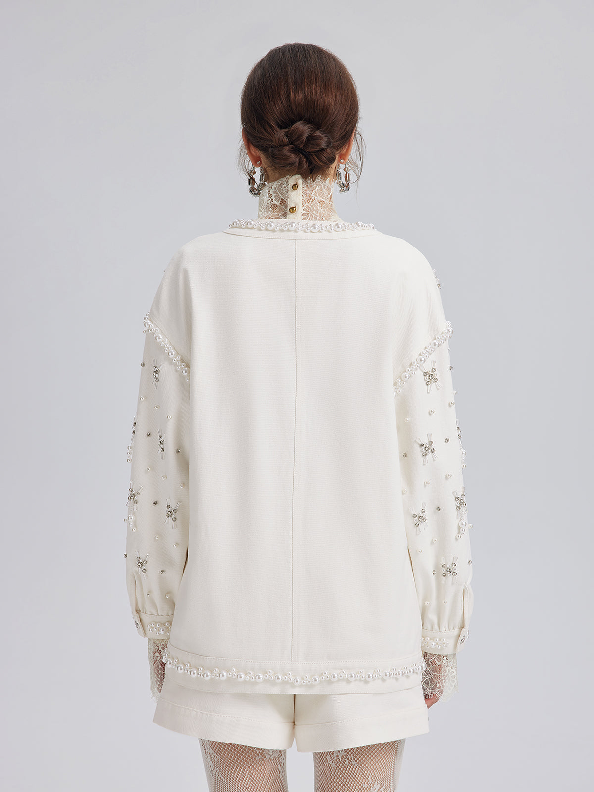 El İşlemeli İncili Kurdeleli Kot Ceket