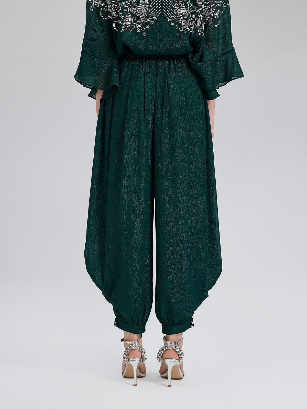 Gümüş İplikli Şifon Büzgülü Havuç Pantolon