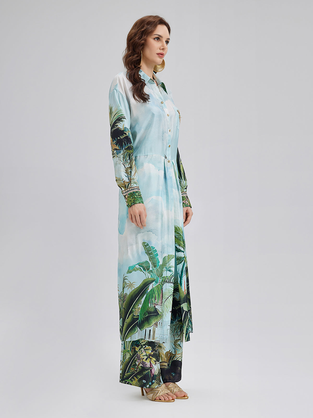 İpek Palmiye Desenli Bağlamalı Gömlek