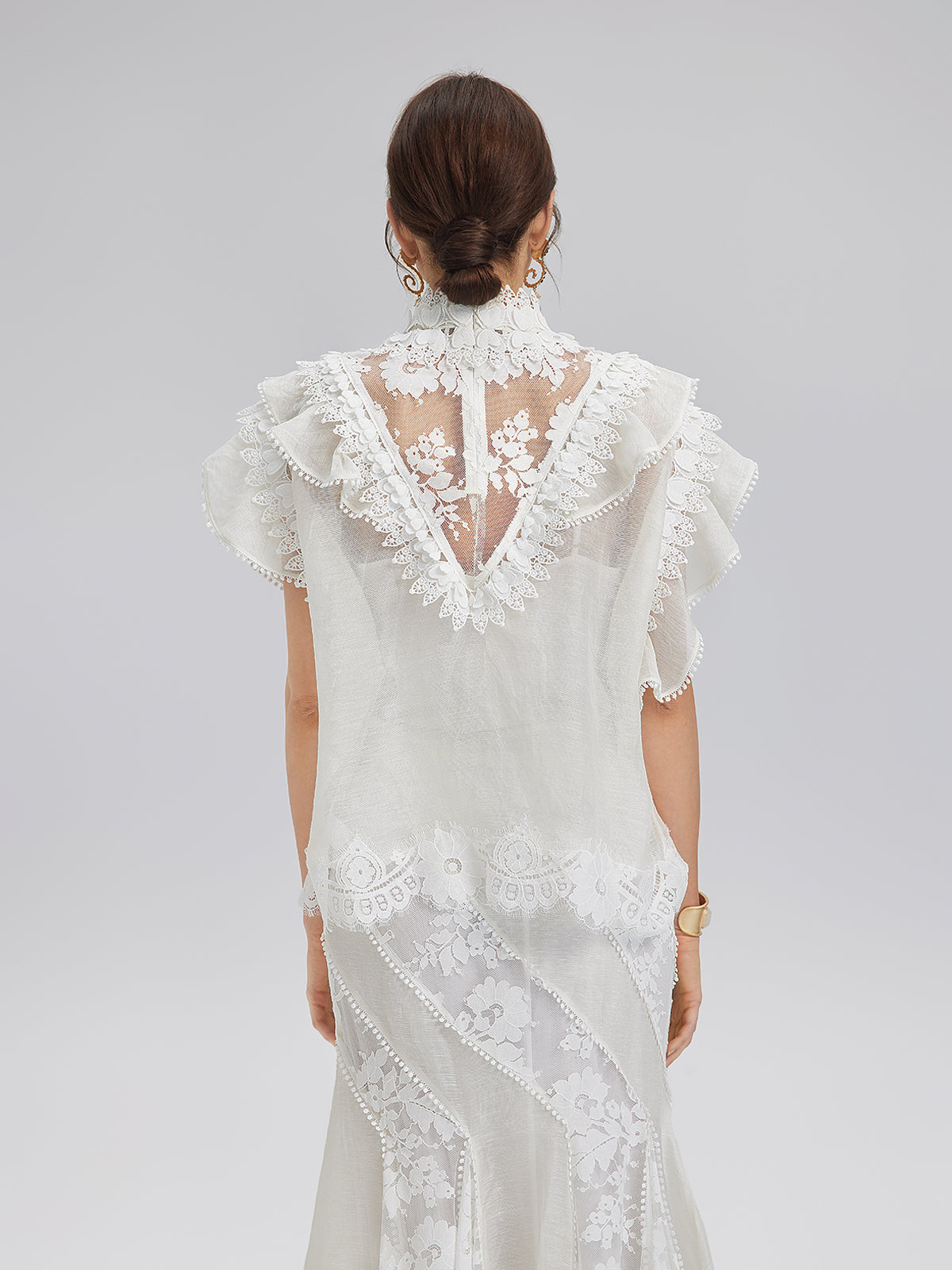 Fırfırlı Dantel Kenarlı İpek-Keten Bluz