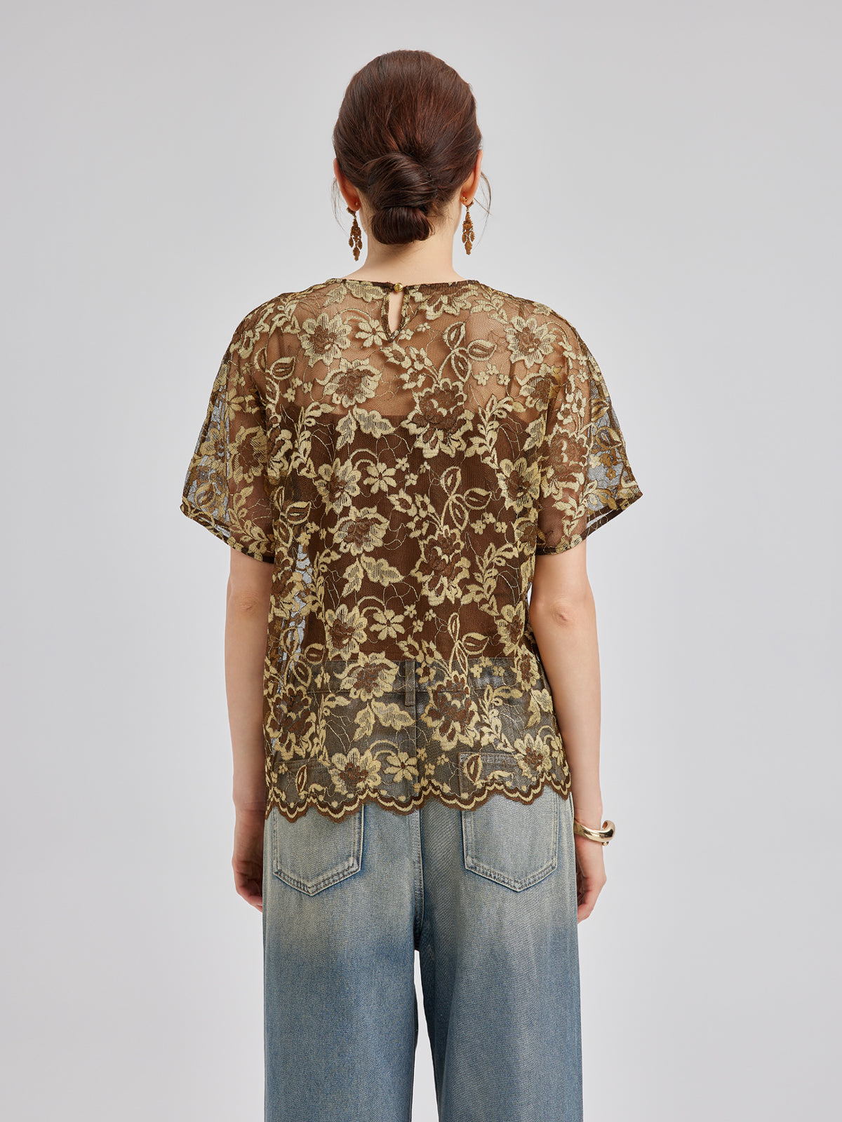 Altın Dantel Boncuklu Cepli Tişört
