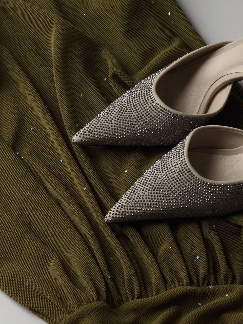 Işıltı Detaylı Haki Bodycon Midi Elbise