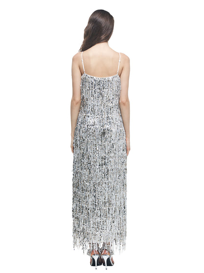 Püsküllü Pullu Uzun Askılı Elbise