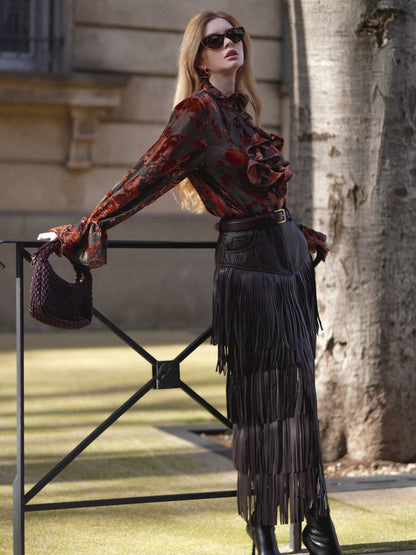 Parlak İpek Yakma Kadife Bluz