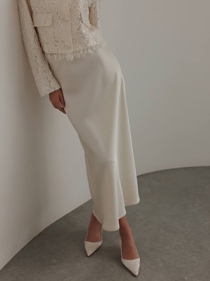 Krem Saten Midi Etek