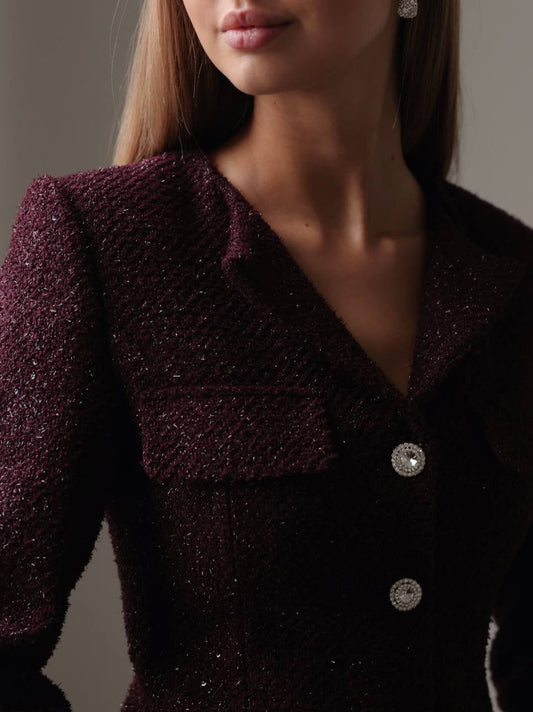 Koyu Bordo Tüy Manşetli Işıltılı Elbise