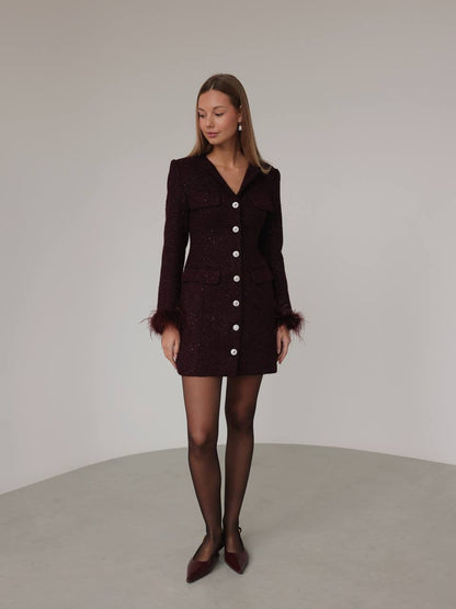 Koyu Bordo Tüy Manşetli Işıltılı Elbise