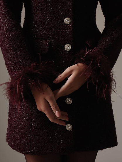 Koyu Bordo Tüy Manşetli Işıltılı Elbise
