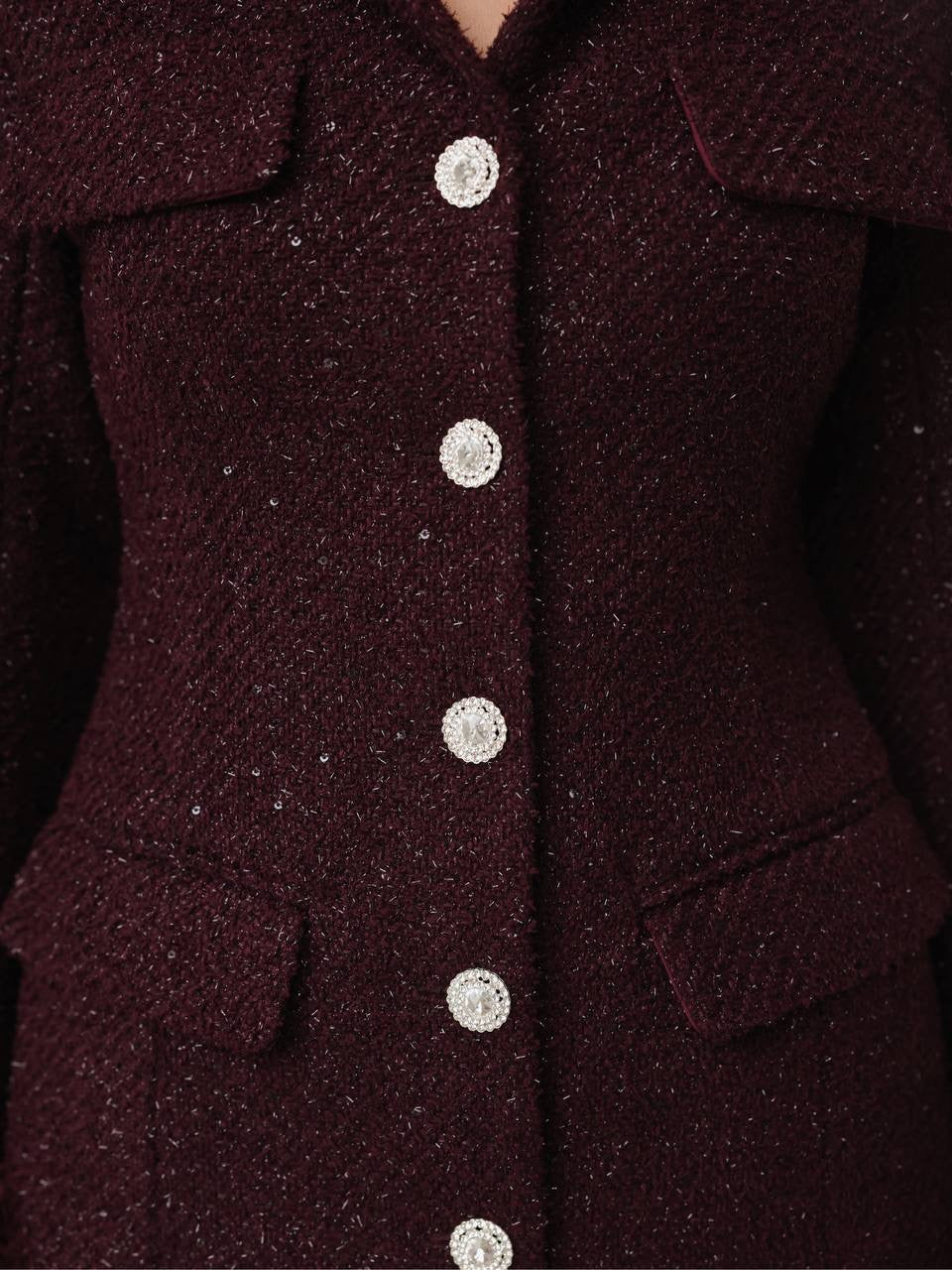 Koyu Bordo Tüy Manşetli Işıltılı Elbise