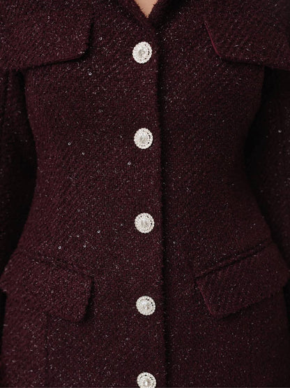 Koyu Bordo Tüy Manşetli Işıltılı Elbise