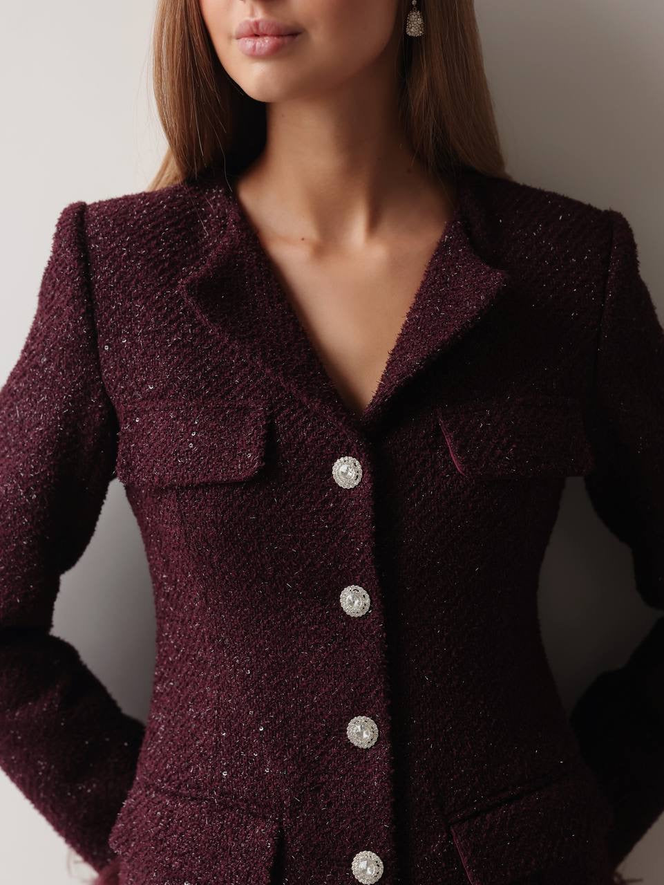 Koyu Bordo Tüy Manşetli Işıltılı Elbise