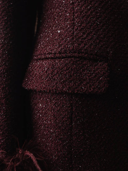 Koyu Bordo Tüy Manşetli Işıltılı Elbise