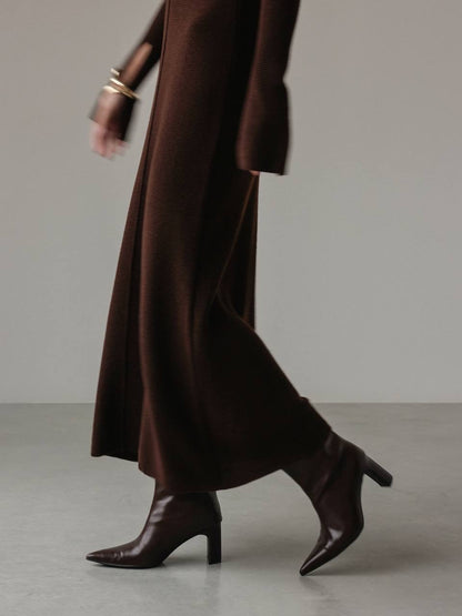 Şık Şarap Tonlu Çikolata Kahverengi Triko Midi Elbise