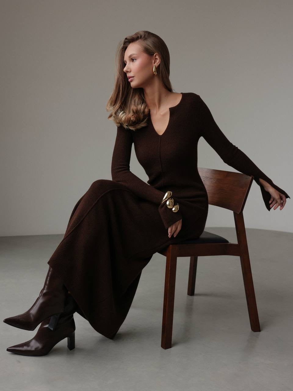 Şık Şarap Tonlu Çikolata Kahverengi Triko Midi Elbise