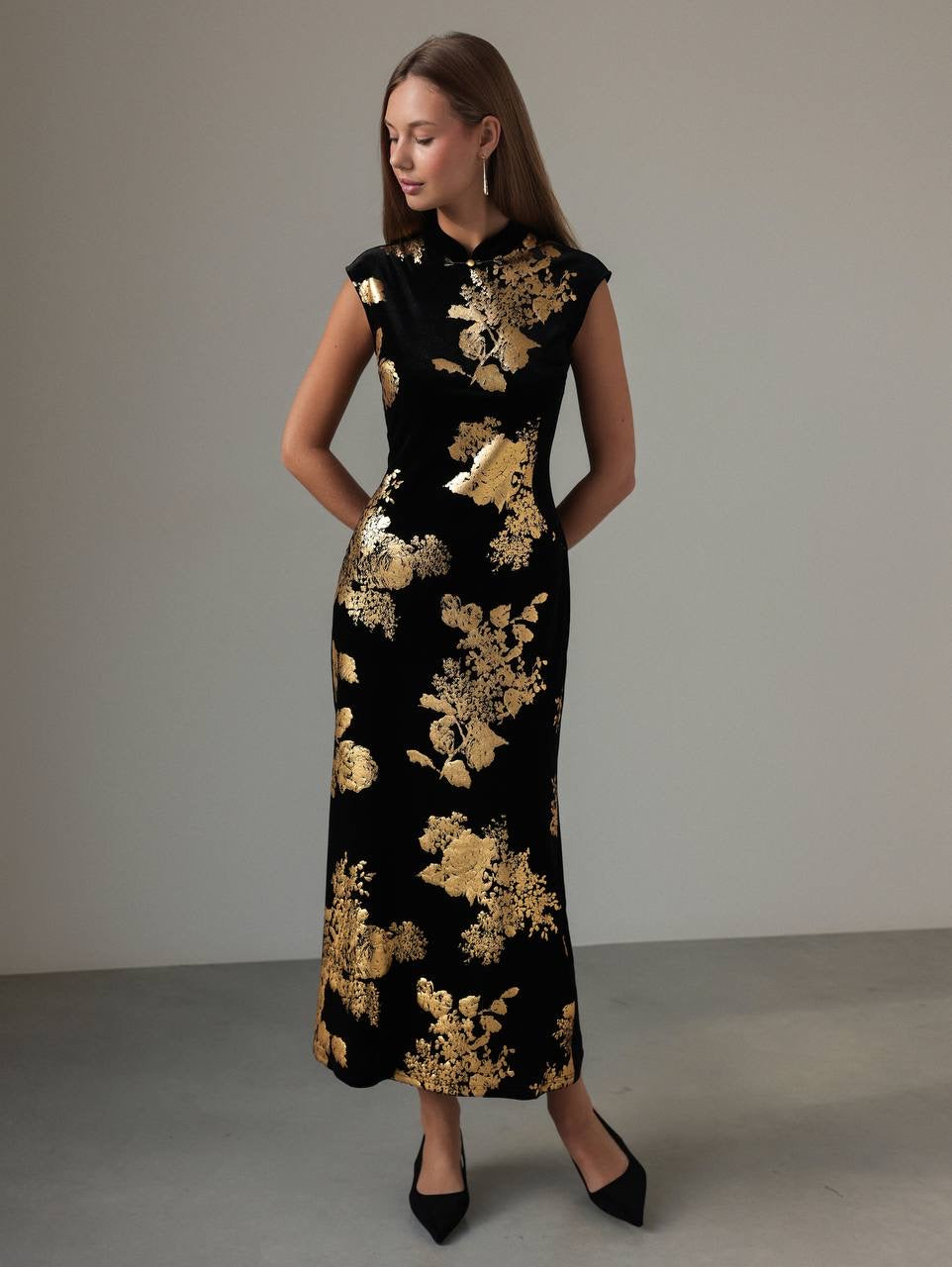 Altın Baskı Çiçek Elbise