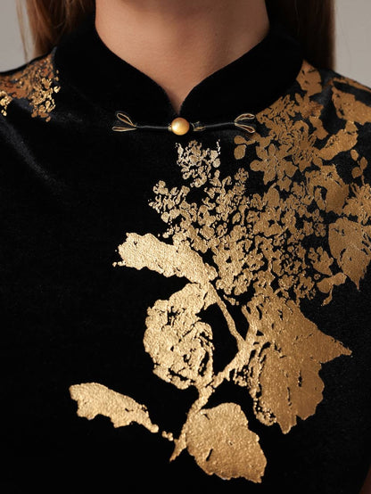 Altın Baskı Çiçek Elbise