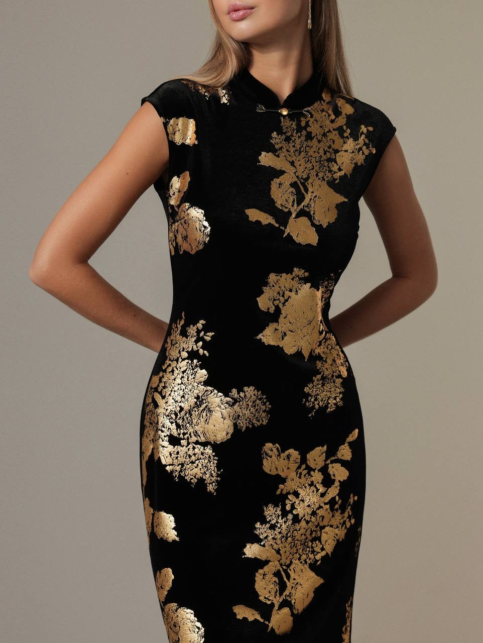 Altın Baskı Çiçek Elbise