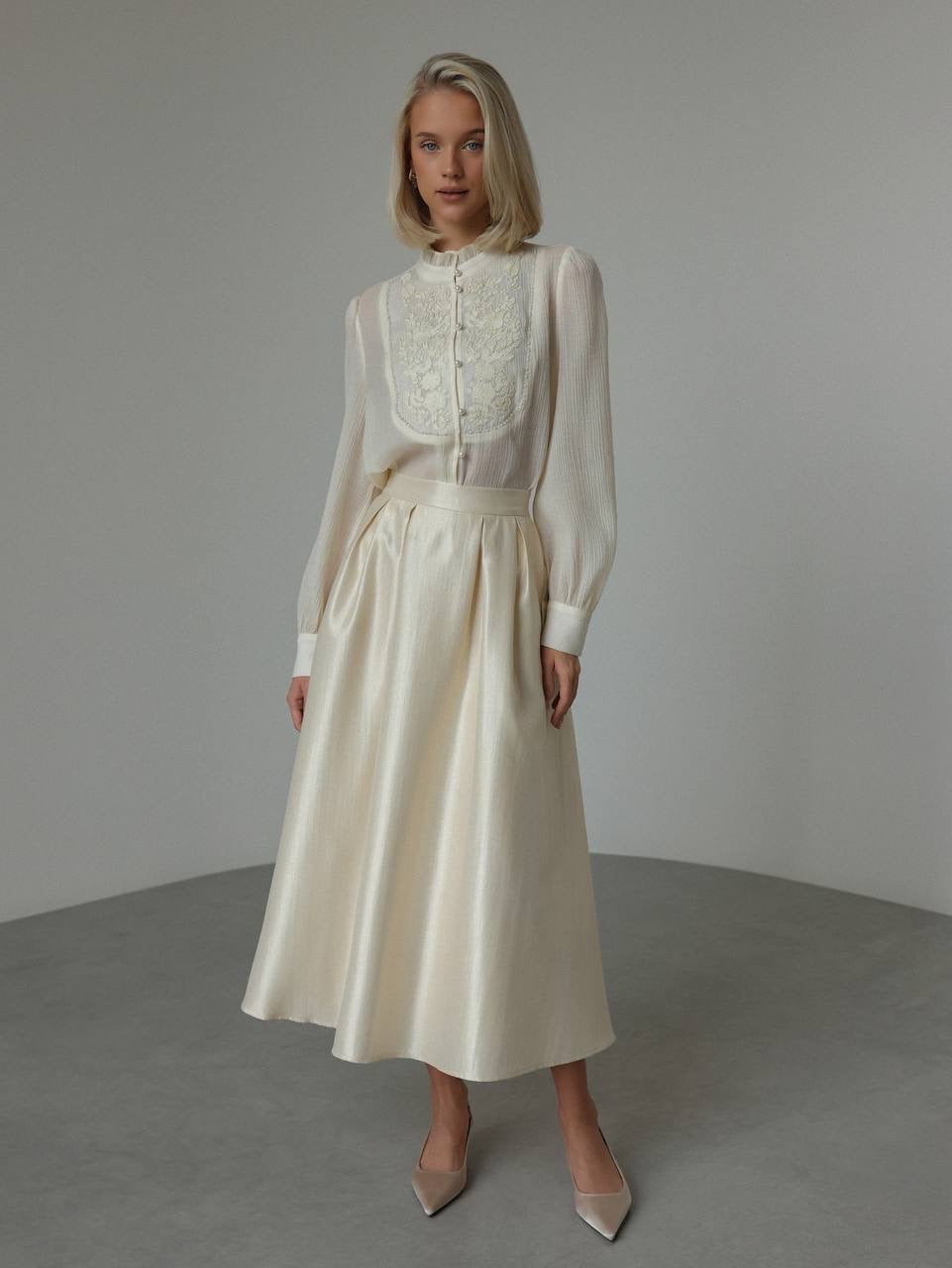 Krem Saten Midi Etek