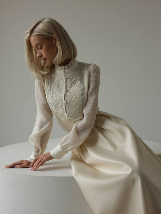 Krem Saten Midi Etek