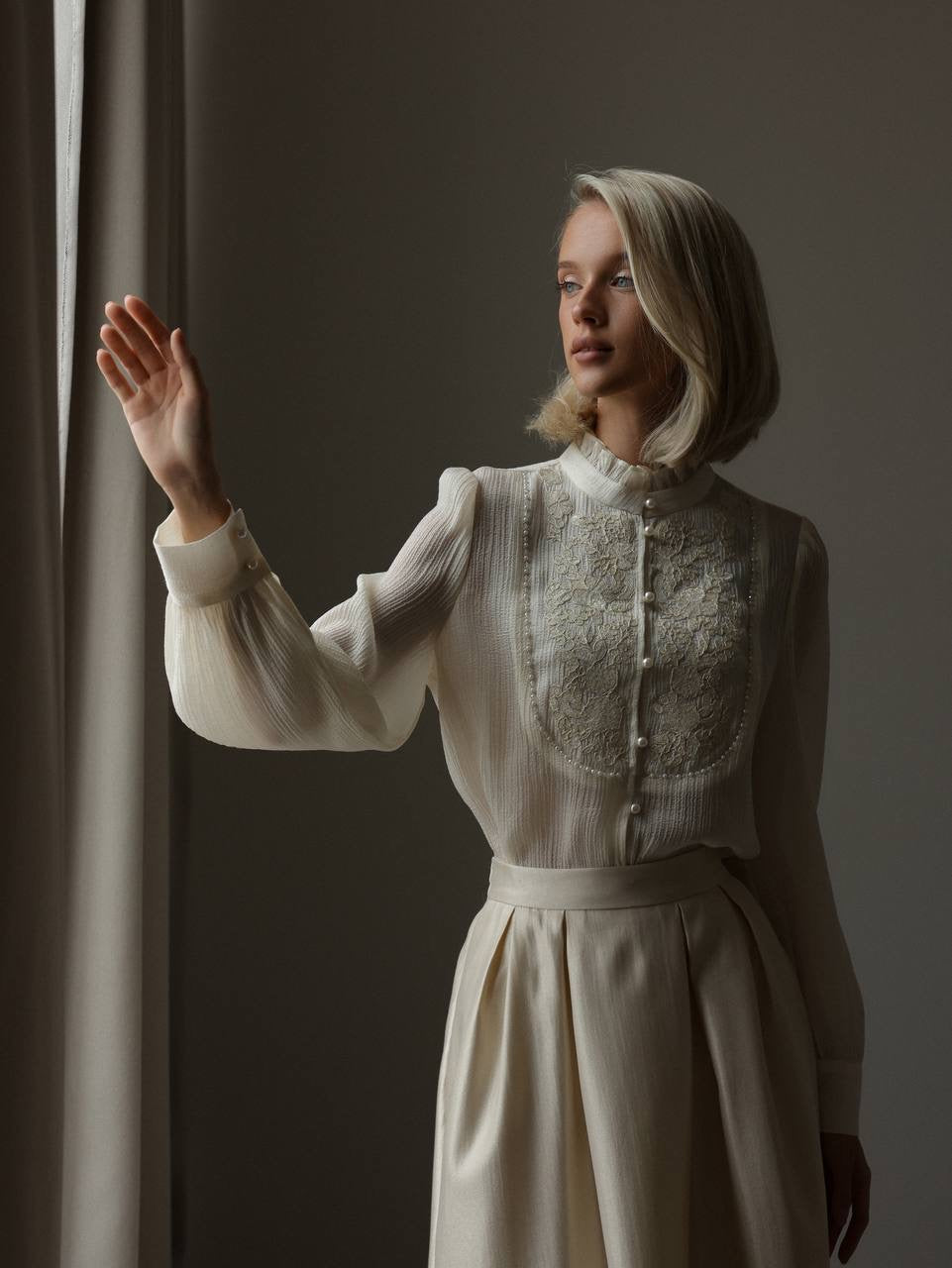 Krem Saten Midi Etek