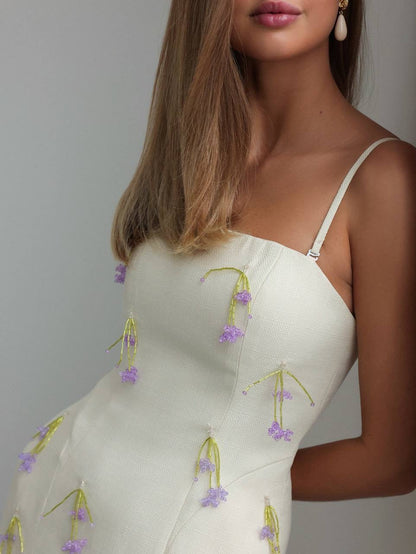 Zarif Çiçekli Fildişi Midi Elbise