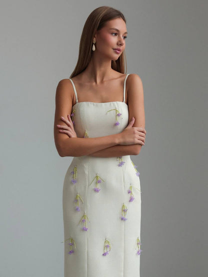 Zarif Çiçekli Fildişi Midi Elbise