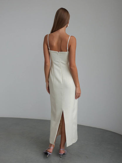 Zarif Çiçekli Fildişi Midi Elbise