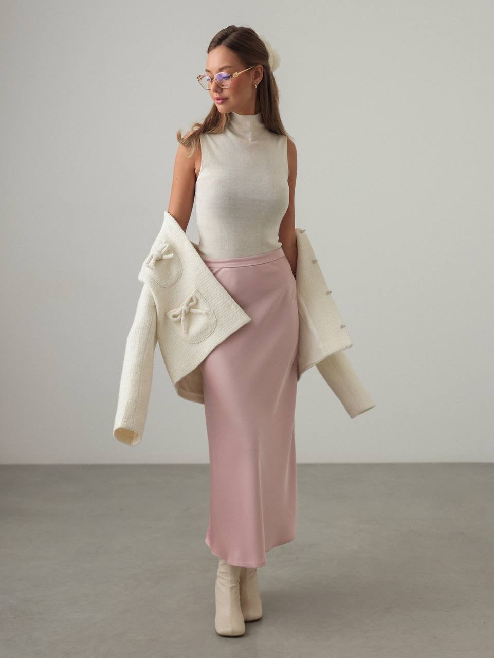 Pastel Pembe Saten Midi Etek