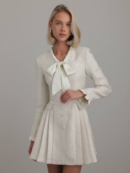 Fiyonk Detaylı Fildişi Dokulu Mini Elbise