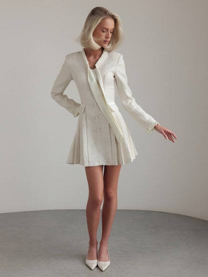 Fiyonk Detaylı Fildişi Dokulu Mini Elbise