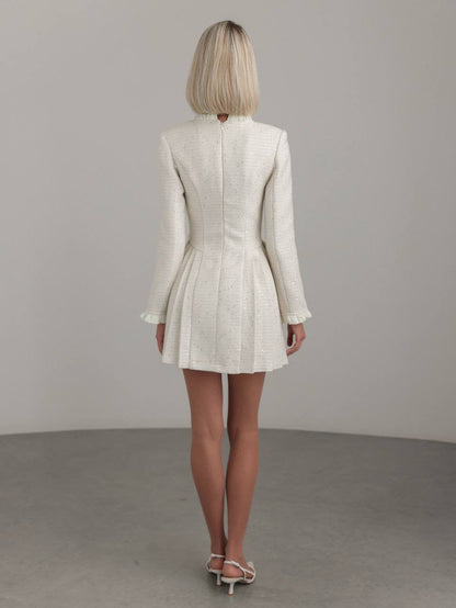 Fiyonk Detaylı Fildişi Dokulu Mini Elbise