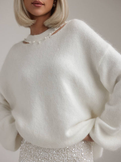 İnci Detaylı Beyaz Triko Kazak