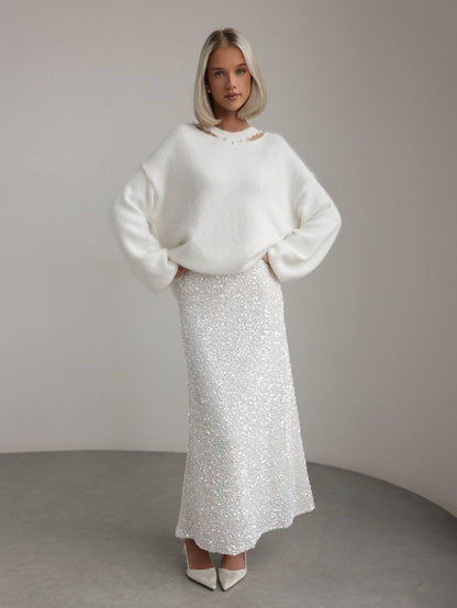 İnci Detaylı Beyaz Triko Kazak