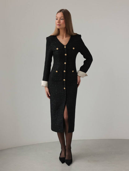 Altın Düğmeli Zarif Siyah Tüvit Midi Elbise