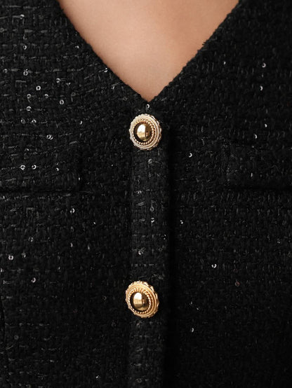 Altın Düğmeli Zarif Siyah Tüvit Midi Elbise