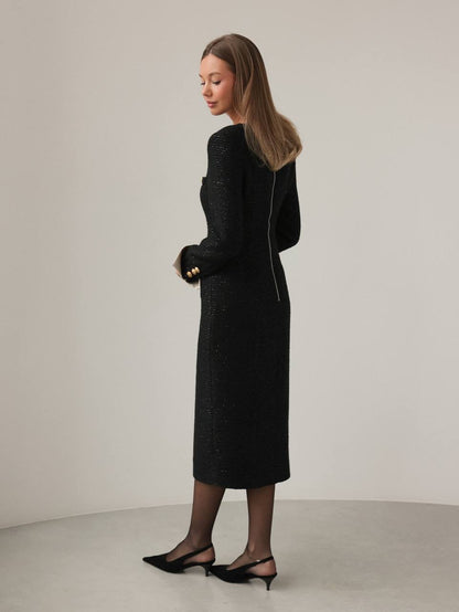 Altın Düğmeli Zarif Siyah Tüvit Midi Elbise