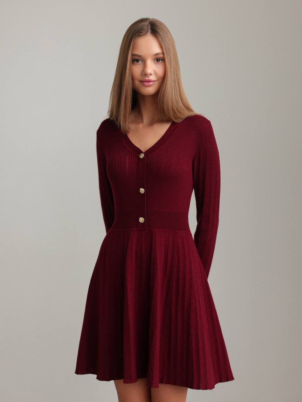 Zarif Bordo Triko Kloş Elbise