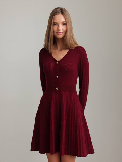 Zarif Bordo Triko Kloş Elbise