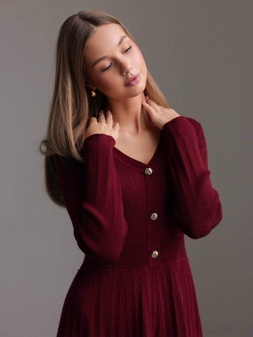 Zarif Bordo Triko Kloş Elbise