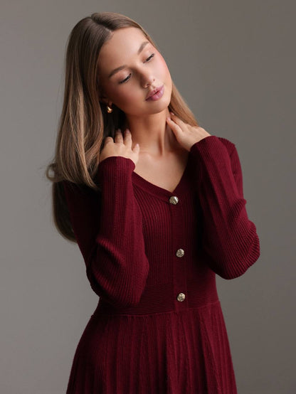 Zarif Bordo Triko Kloş Elbise