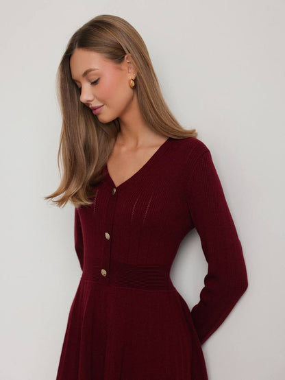 Zarif Bordo Triko Kloş Elbise