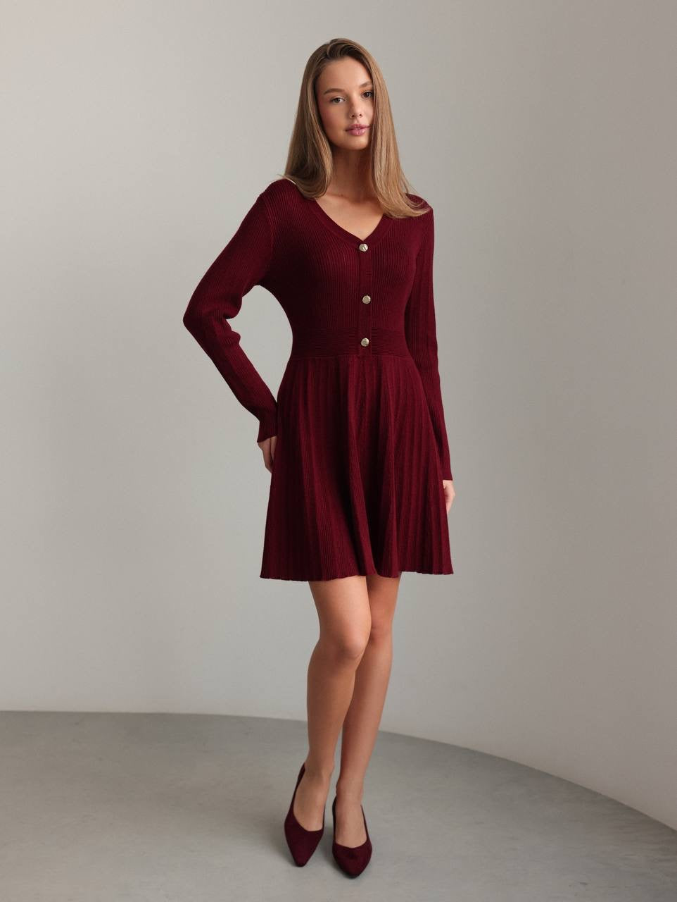 Zarif Bordo Triko Kloş Elbise