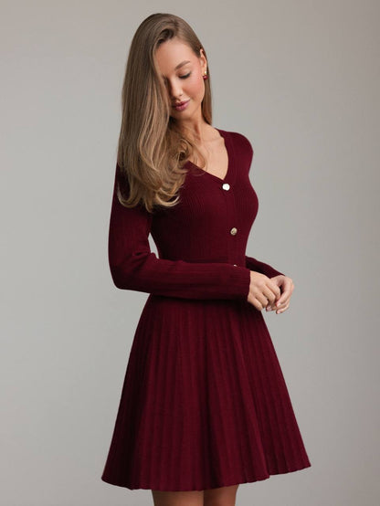 Zarif Bordo Triko Kloş Elbise