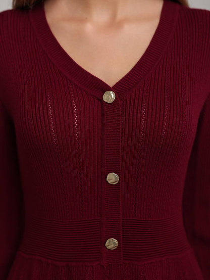 Zarif Bordo Triko Kloş Elbise