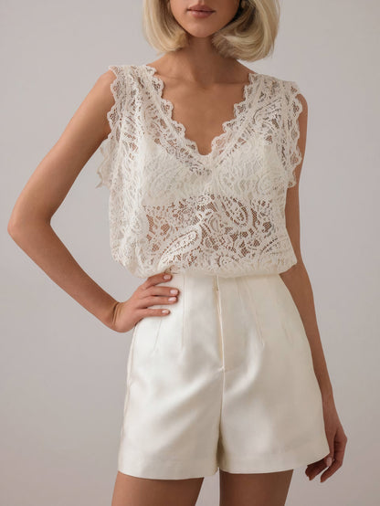 Fildişi Dökümlü Dantel Üst