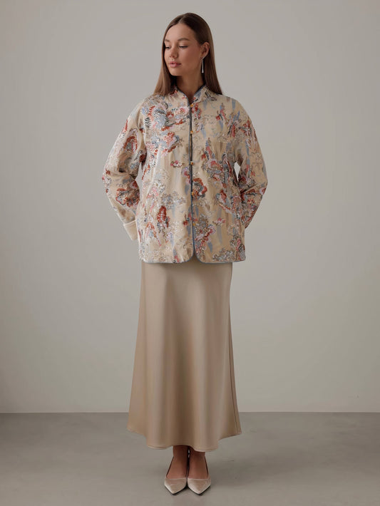 Luna Bej Saten Midi Etek